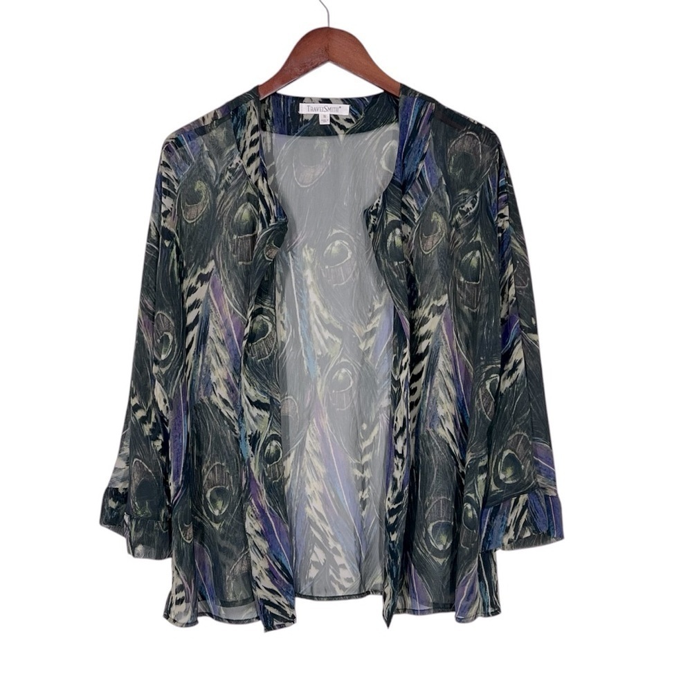 TRAVELSMITH Semi Sheer Open Front Peacock Feather Print Cardigan Women's Size 1X